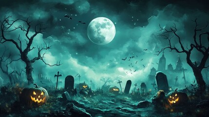 A Spooky Halloween Night in a Graveyard with Jack-o'-Lanterns and Bats