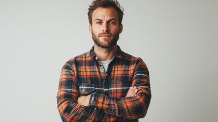 Portrait of a young caucasian male wearing a flannel plaid shirt isolated on plain background with copy space, the young man have a serious face thinking about is future