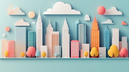 Wall Mural - A vibrant and bustling illustration of a downtown cityscape skyline, capturing the energy and activity of the city commercial heart.