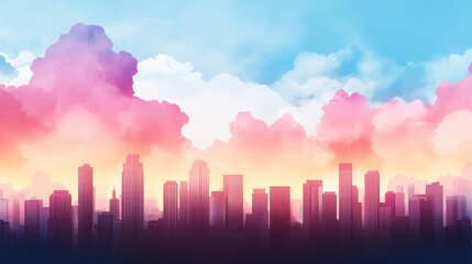 Wall Mural - A dramatic and expressive watercolor illustration of a cityscape skyline, using bold washes of color and contrasting light and shadow to create a sense of depth and intensity.