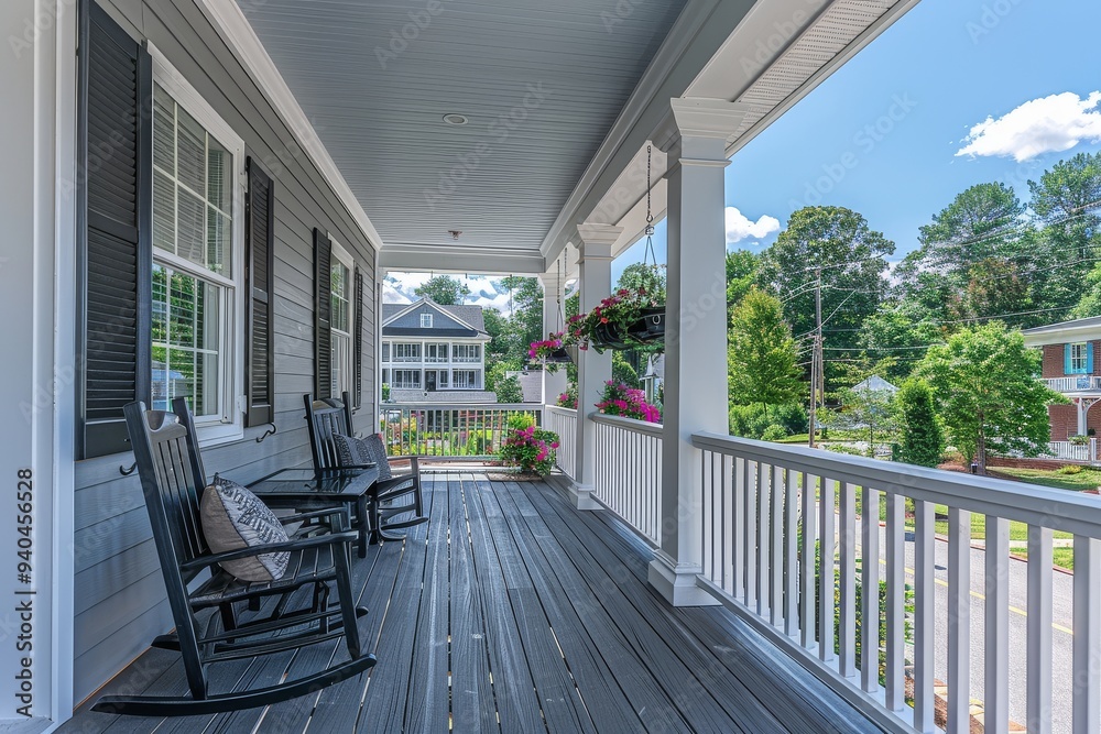 Front porch with white vertical siding, natural wood floors, and dark ...