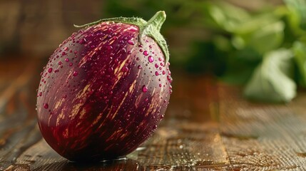 Wall Mural - A ripe purple eggplant with small water drops on its surface.