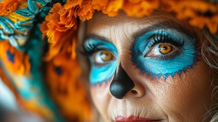 A beautifully decorated Mexican woman celebrating Día de los Muertos, showcasing vibrant colors and traditional attire, perfect for Halloween promotions with copy space.