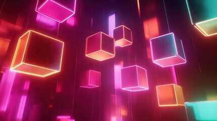 Wall Mural - Suspended Neon Cubes in a Dark, Abstract Space