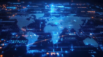 Abstract digital world map on blue background with binary code and global network connection technology concept, data transfer and cyber security in the cyberspace