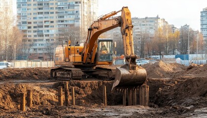 Excavator in action  earthworks for foundation construction and pile installation preparation