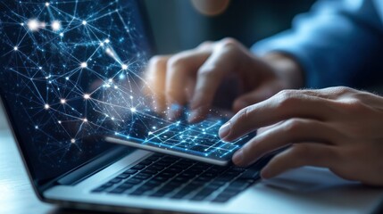 Poster - Person's Hand Interacting with Laptop Screen Showing a Network Visualization