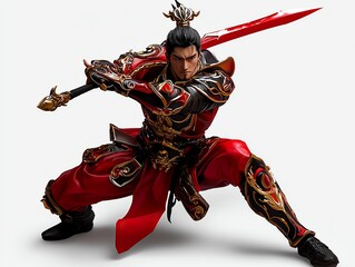 Dynamic warrior in ornate red armor poses dramatically with a sword, embodying strength and tradition in a fantasy setting.