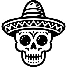Human skull decorated with ornaments wearing a traditional Mexican hat in monochrome. Simple minimalistic vector in black ink drawing on transparent background