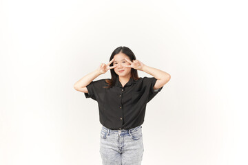 Young Asian woman showing peace sign two finger wearing Black t-shirt and jeans isolated on white background