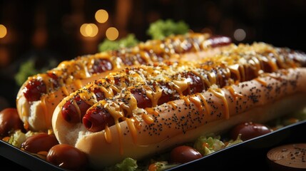 Wall Mural - hotdog with a large sausage filled with melted mayonnaise and a sprinkling of chopped greens