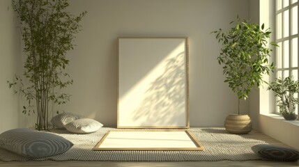 Wall Mural - Minimalist Interior with Blank Frames, Plants, and Pillows