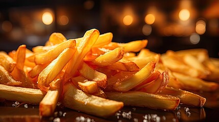 Wall Mural - Delicious French fries, crunchy, salty, tasty, with blur background