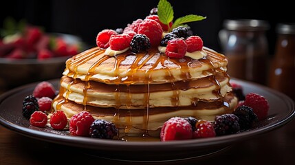 Wall Mural - Close-Up of pile of pancakes with melted sweet syrup and fruit toppings with a blurred background