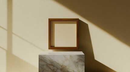 Wall Mural - Wooden Frame on a Marble Pedestal Against a Beige Wall with Shadows