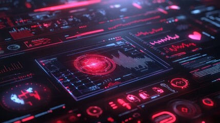 Poster - Red and Blue Neon Interface with Heartbeat and Circle