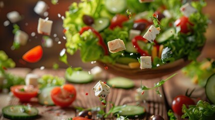 flying salad isolated on wooden background. Greek salad: red tomatoes, pepper, cheese, lettuce, cucumber and olives 