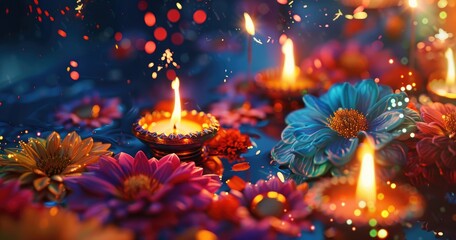 A vibrant display of colorful flower patterns and burning oil lamps, with space for text on the right side against a deep blue background.