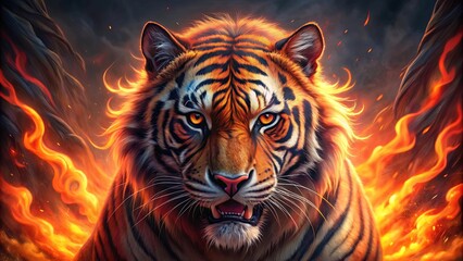 fiery painting of aggressive tiger with glowing red eyes , tiger, painting, fiery, aggressive, stanc