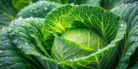 Wall Mural - Fresh cabbage with dew drops on leaves, cabbage, fresh, healthy, vegetable, green, organic, garden, food, nutrition