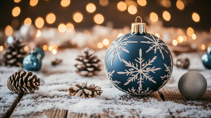 Christmas scene with a blue background, snowflakes gently falling, and an abstract depiction of chaos, symbolizing both calm and disarray in the festive season