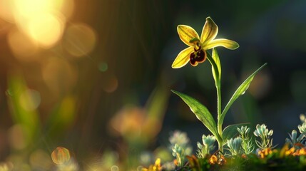 Canvas Print - A close up of a flower in the grass with sunlight behind it. AI.