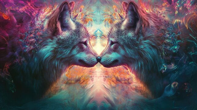 Abstract love and honesty symbol with a beautiful animal couple, set against a dynamic futuristic backdrop, capturing a sense of trust