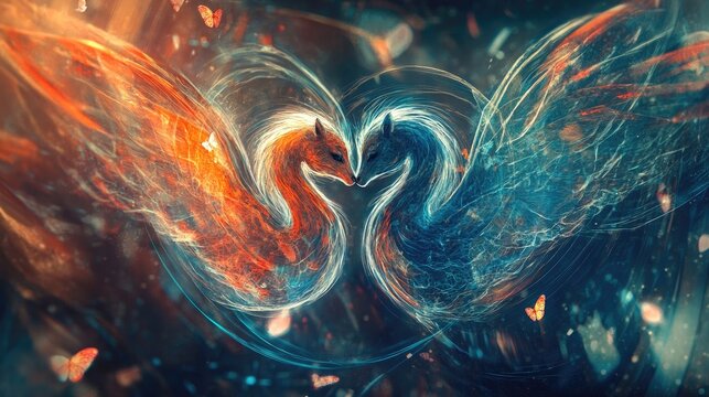 Abstract love and honesty symbol with a beautiful animal couple, set against a dynamic futuristic backdrop, capturing a sense of trust