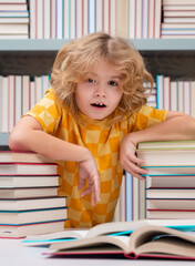 Aufkleber - School and education concept. Child reading book in a book store or school library.