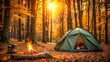 © PloyJai - Camping in an autumn forest with a cozy tent and crackling campfire , Camping, autumn, forest, tent, campfire, outdoors
