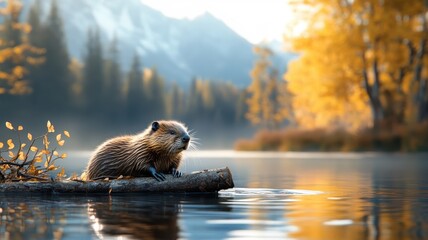 A beaver building a dam with logs and branches in a peaceful river, showcasing its industrious nature amidst a tranquil forest setting.