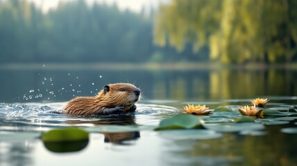 A beaver diving into a serene lake surrounded by lily pads, reflecting the tranquility of nature with its aquatic skills.