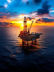 A stunning offshore oil rig silhouetted against a vibrant sunset, reflecting on calm ocean waters with dramatic clouds overhead.