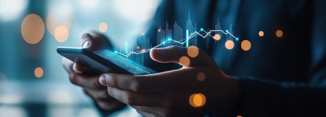 Poster - Person Using Smartphone with Projected Stock Market Graph