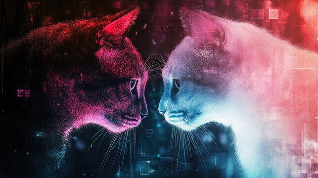 Abstract love and honesty sign with a beautiful animal couple, set against a dynamic futuristic background, capturing the essence of companionship