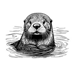 Line art drawing of a sea otter floating in water on white background