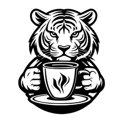 Wall Mural - Cartoon vector illustration of a tiger with a cup of coffee logo symbol icon element