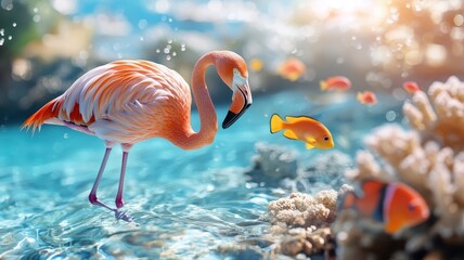 A flamingo wading in a clear sea, surrounded by tropical fish and coral, highlighting a lively underwater adventure.