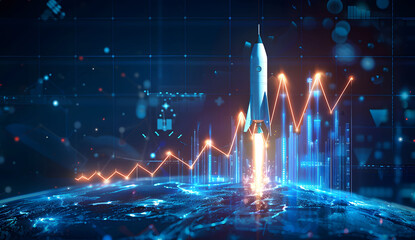 Aufkleber - Abstract futuristic blue background with glowing arrows pointing upwards and a rocket taking off. Vector illustration symbolizing stock market growth or business success.