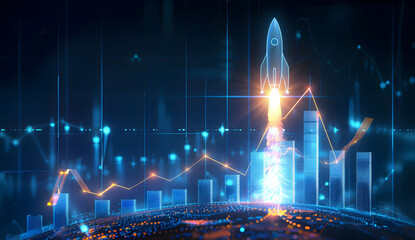 Leinwandbilder - Abstract futuristic blue background with glowing arrows pointing upwards and a rocket taking off. Vector illustration symbolizing stock market growth or business success.