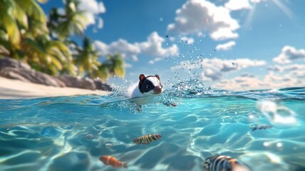 A skunk diving into a clear sea, surrounded by playful marine life and gentle waves under a sunny sky.