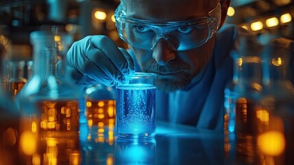 Scientist in laboratory analyzing blue substance in beaker, conducting medical research for pharmaceutical discovery, biotechnology development in healthcare, science and chemistry concept