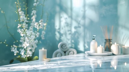 Spa still life, Vase of white flowers,  Blue background wall and white candles, textured blue background with light reflections, marble table, Relaxation, spa day, zen, wallpaper background HD