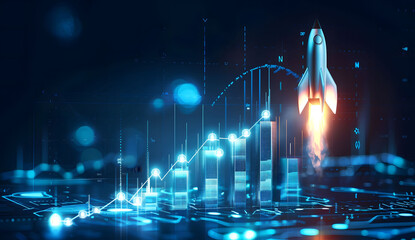 Leinwandbilder - Abstract futuristic blue background with glowing arrows pointing upwards and a rocket taking off. Vector illustration symbolizing stock market growth or business success.