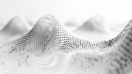 Wall Mural - Flowing dots and particles create a wave pattern with a halftone gradient curve, isolated against a white background