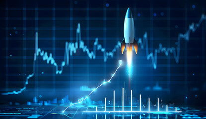 Leinwandbilder - Abstract futuristic blue background with glowing arrows pointing upwards and a rocket taking off. Vector illustration symbolizing stock market growth or business success.