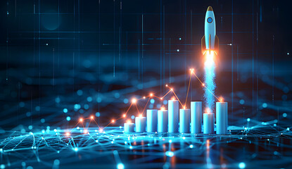 Leinwandbilder - Abstract futuristic blue background with glowing arrows pointing upwards and a rocket taking off. Vector illustration symbolizing stock market growth or business success.