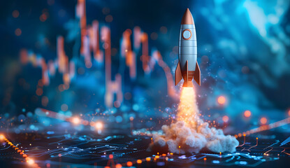 Leinwandbilder - Abstract futuristic blue background with glowing arrows pointing upwards and a rocket taking off. Vector illustration symbolizing stock market growth or business success.