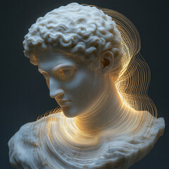 3D rendering of a classical sculpture. The sculpture is illuminated with a sparkling effect, highlighting its detailed features.