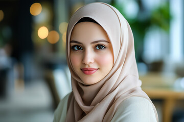 Pretty Muslim woman in dining room